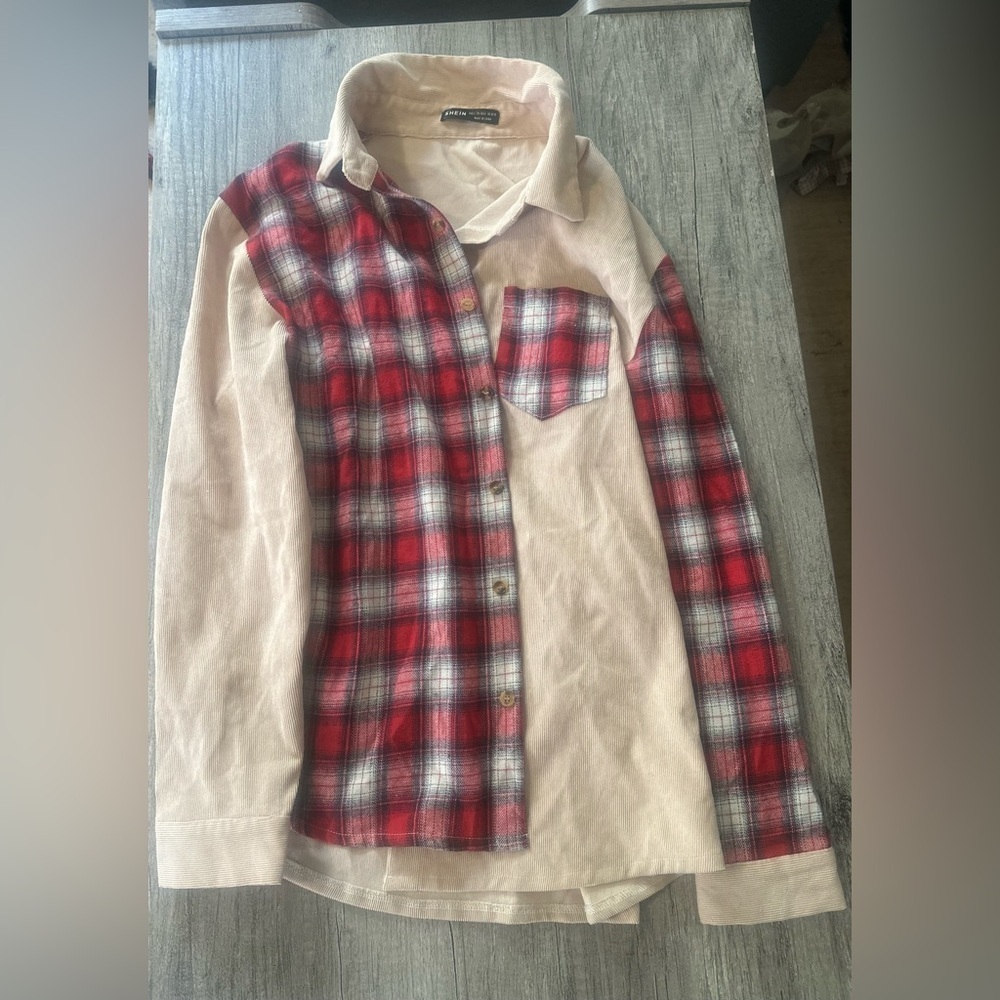 Shein Tan and Red Plaid Button Down size Large